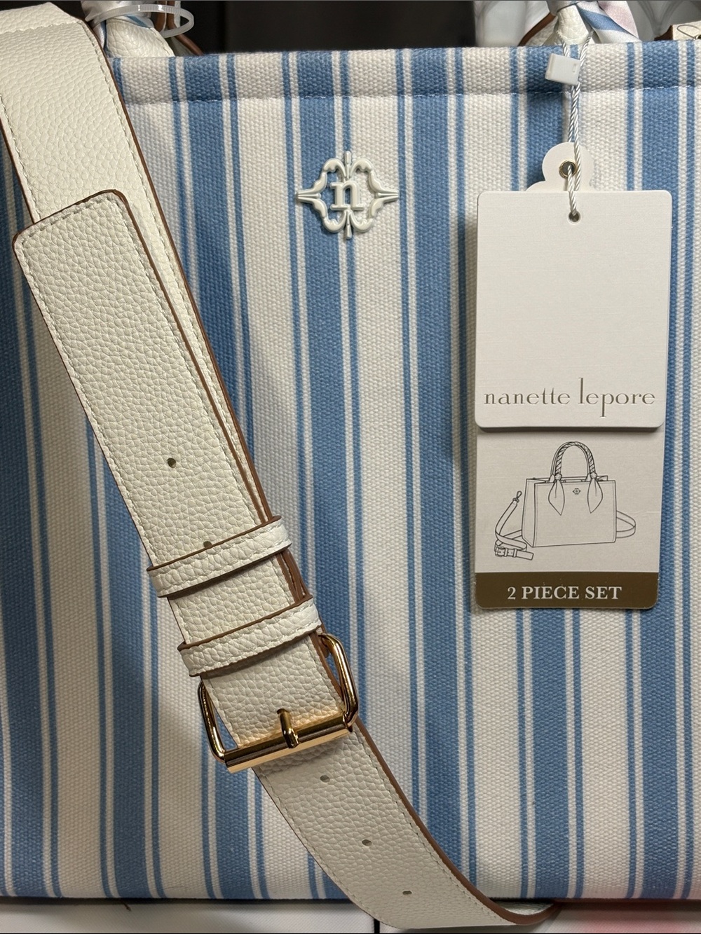 NWT 2FER Nanette Lepore 2 Piece Blue White Striped Crossbody Handbag + SCARF - Picture 3 of 16
